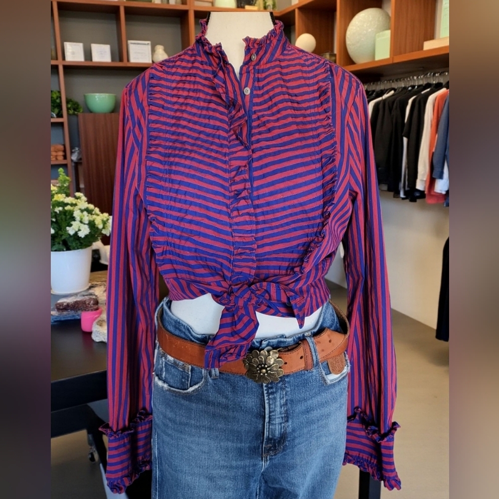 J. Crew Red and Blue Striped Blouse